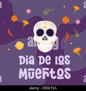 Cartolina del giorno della morte. Cranio e flor de muerto, pane dei morti .dia de los muertos illustrazione vettoriale Illustrazione Vettoriale