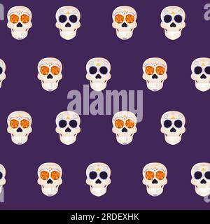 modello senza cuciture san giorno della morte teschio di zucchero con calendule negli occhi Illustrazione Vettoriale