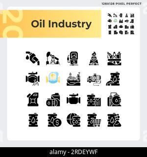 Icone a glifo nero per l'industria petrolifera impostate su uno spazio bianco Illustrazione Vettoriale