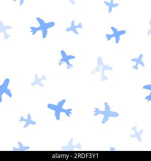 Modello senza cuciture dell'aereo. Grazioso motivo a superficie piana per stampe di moda. Trama vettoriale. Blu e bianco. Illustrazione Vettoriale