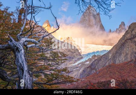 autunno a el chaltén con il picco fitzroy sullo sfondo Foto Stock