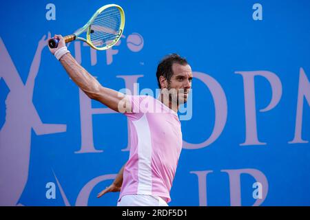 Bella, Francia. 20 luglio 2023. Richard Gasquet della Francia in azione contro Holger Rune della Danimarca durante la Hopman Cup 2023, ITF World Mixed Team Championships il 20 luglio 2023 al Nice Lawn Tennis Club di Nizza, Francia - foto Emilie Lohmann/OLLI Media/DPPI Credit: DPPI Media/Alamy Live News Foto Stock