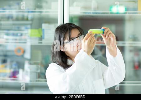 giovane scienziata cinese femmina che controlla un campione in un tubo Foto Stock