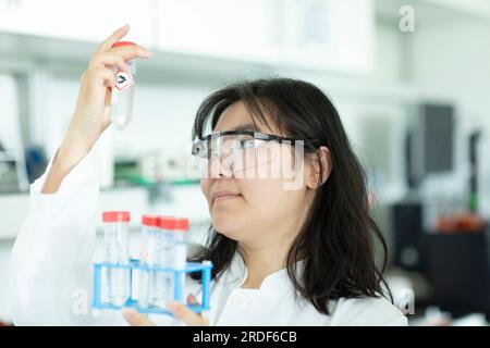 giovane scienziata donna che controlla una provetta di un rack Foto Stock