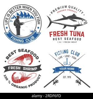 Set di badge, loghi, etichette, adesivi per la pesca e il pesce. Vettore. Per emblema, insegna, toppa, camicia, menu di ristoranti con tonno, gamberi, canne da pesca Illustrazione Vettoriale