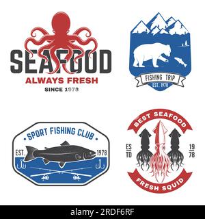 Set di badge, loghi, etichette, adesivi per la pesca e il pesce. Vettore. Per emblema, insegna, toppa, camicia, menu ristoranti con canne da pesca, uncino, tonno Illustrazione Vettoriale