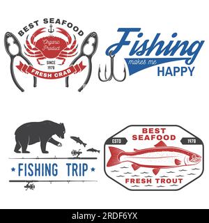 Set di badge, loghi, etichette, adesivi per la pesca e il pesce. Vettore. Per emblema, insegna, toppa, camicia, menu ristoranti con canne da pesca, uncino, tonno Illustrazione Vettoriale