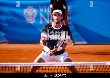 Bella, Francia. 20 luglio 2023. Borna Ćorić della Croazia in azione contro David Goffin del Belgio durante la Hopman Cup 2023, ITF World Mixed Team Championships il 20 luglio 2023 al Nice Lawn Tennis Club di Nizza, Francia - foto Emilie Lohmann/OLLI Media/DPPI Credit: DPPI Media/Alamy Live News Foto Stock