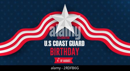 Concetto di celebrazione del compleanno della Guardia Costiera degli Stati Uniti. Stile patriottico tradizionale dei bordi con grafica tipografica grafica grafica vettoriale. Illustrazione Vettoriale