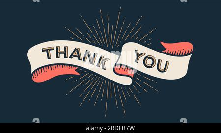 Grazie, banner a nastro. Banner a nastro colorato con testo e frase Grazie. Nastro isolato con silhouette vintage con testo di ringraziamento, cartello, striscione, nastro. Illustrazione vettoriale Illustrazione Vettoriale