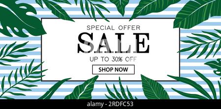 Modello di banner per siti Web tropicali Summer sale. Promozione estiva tag. Illustrazione vettoriale del materiale promozionale di vendita. Illustrazione Vettoriale