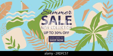 Modello di banner per siti Web tropicali Summer sale. Promozione estiva tag. Illustrazione vettoriale del materiale promozionale di vendita. Illustrazione Vettoriale