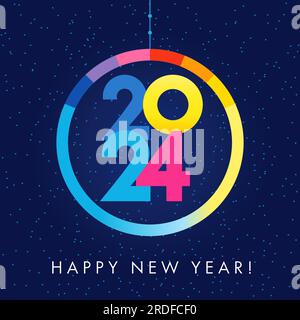 Biglietto di auguri per l'anno nuovo 2024. Modello per le feste con pallina colorata natalizia e 2024 numeri. Illustrazione vettoriale Illustrazione Vettoriale