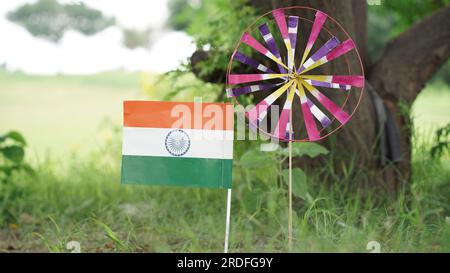 La bandiera indiana è elegante, con tre colori e un cerchio al centro. Foto Stock