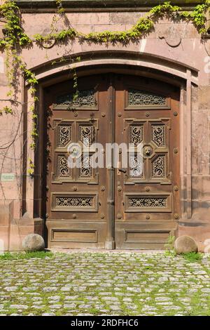 Castello di Dotternhausen, castello di cotta, castello di Dotternhausen, edificio storico, sede aristocratica, architettura, dettaglio, porta in legno decorata Foto Stock