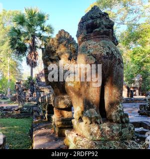 Istantanea che illustra la terrazza di fronte al tempio Banteay Kdei, decorata con imponenti balaustre a forma di leoni guardiani. Foto Stock