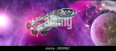 Viaggio interstellare, scoperta di nuovi mondi. Pianeti extraterrestri, esopianeti. Astronavi alla scoperta di nuovi mondi. rendering 3d. Foto Stock