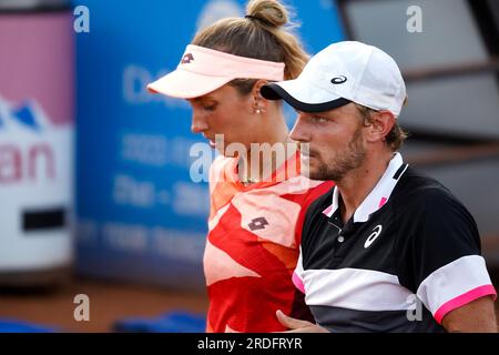 Nice, Francia 20/07/2023, David Goffin e Elise Mertens della squadra belga contro Borna?HORIC e donna Vekic per la squadra croata durante la Hopman Cup 2023, ITF World Mixed Team Championships il 20 luglio 2023 al Nice Lawn Tennis Club di Nizza, Francia Foto Stock