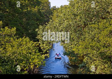 Coppia in pedalò sul fiume Lahn, Marburgo, Assia, Germania Foto Stock