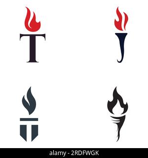 Logo della torcia Liberty minimalista. Torcia dalla forma semplice. Elegante lettera T, fuoco e pilastro. Illustrazione Vettoriale