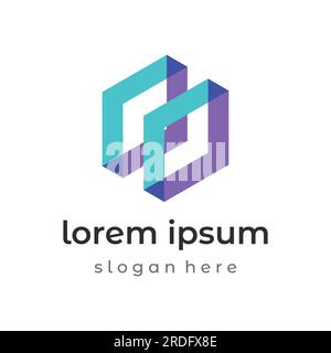 Logo a catena a blocchi. Catena a blocchi geometrica con esagoni, scatola con tecnologia moderna. Catena di blocchi per il business, la tecnologia e la firma dei dati. Illustrazione Vettoriale