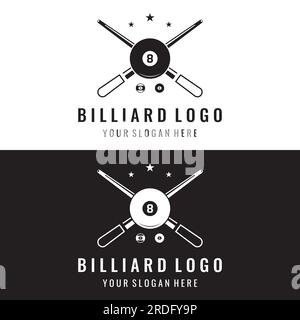 Modello creativo con logo da biliardo e bastone. Logo di gioco, club, torneo e campionato di biliardo. Illustrazione Vettoriale
