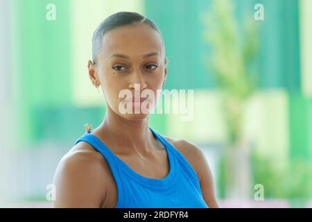 L'atleta spagnola Ana Peleteiro durante la presentazione dell'incontro di Madrid allo stadio Vallermoso di Madrid, 21 luglio 2023, Spagna Foto Stock