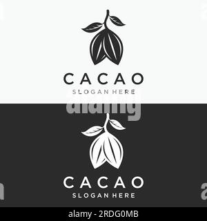 Design logotipo di pianta a cialda di cacao al cioccolato, fagioli di cacao, fondo isolato di piante organiche esotiche. Illustrazione Vettoriale