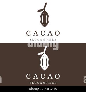 Design logotipo di pianta a cialda di cacao al cioccolato, fagioli di cacao, fondo isolato di piante organiche esotiche. Illustrazione Vettoriale