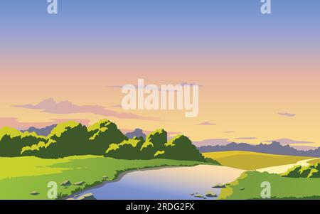 Paesaggio vettoriale con fiume, cielo e nuvole. Tramonto. Stile cartoni animati anime. Progettazione di sfondo Illustrazione Vettoriale