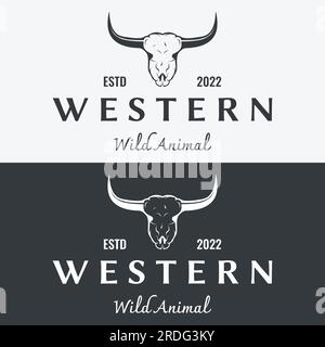 Toro vintage, mucca e logo di corno lungo di bufalo. per badge, ristoranti, affari. Illustrazione Vettoriale