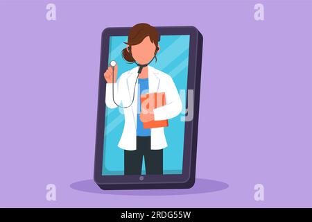 Personaggio piatto disegno bellezza medico donna esce dallo schermo dello smartphone tenendo stetoscopio. Servizi di app medicali online. Console digitale per l'assistenza sanitaria Foto Stock