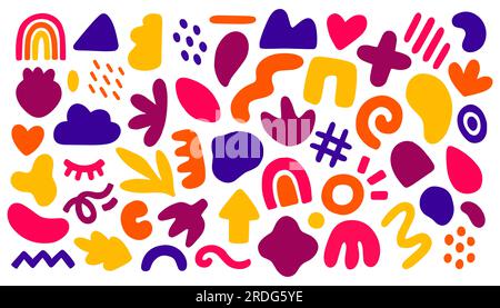 Grande set di colori dipinti a mano di varie forme, ricci, forme, tratti di pennello e oggetti scarabocchi. Illustrazione Vettoriale