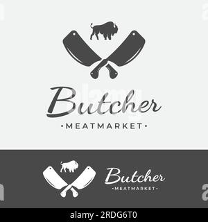 Logo fresco della macelleria con coltello e marcature vintage degli animali da fattoria. Loghi per aziende, ristoranti, etichette, francobolli e macellerie fresche. Illustrazione Vettoriale