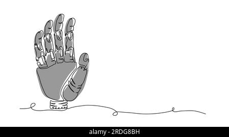 Mano umana in metallo, braccio droide cyborg, tecnologia artificiale innovativa. Protesi della mano robotica vettoriale, del braccio meccanico. Un disegno a linee continuo Illustrazione Vettoriale