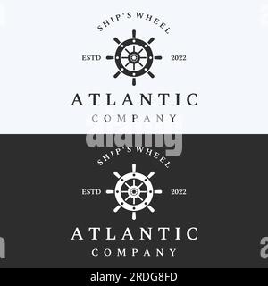 Design con logo timone della nave da crociera con onde marine, corde retrò e ancore. Logo per affari, marinai, vela. Illustrazione Vettoriale