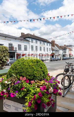 Vista di Hart Street a Henley-on-Thames con esposizione di fiori nel centro della città, Oxfordshire, Inghilterra, Regno Unito Foto Stock