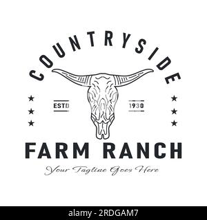 Mucca di bufala con teschio Longhorn d'epoca per il logo del Western Countryside Farm Ranch Country Illustrazione Vettoriale