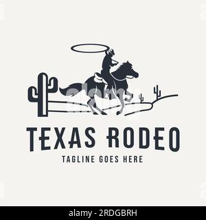 Modello con logo vintage retro Western Country per rodeo texas, cowboy con silhouette a cavallo Illustrazione Vettoriale