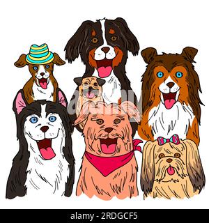 Un gruppo di cani felici affronta sorridendo e allegramente. Illustrazione stile di disegno manuale isolato su sfondo bianco. Foto Stock