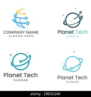 Logo del moderno mondo della tecnologia digitale, globale o del pianeta tecnologico e protezione della tecnologia digitale. Logo con concetto vettoriale. Illustrazione Vettoriale