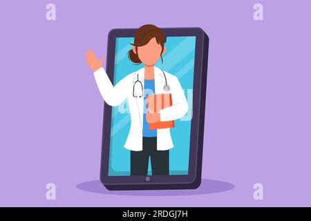 Disegno in stile piatto di cartoni animati medico femminile intelligente esce dallo schermo dello smartphone tenendo appunti. Servizio di app mediche online. Consulenza sanitaria digitale Foto Stock