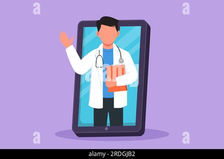 Design grafico piatto disegno giovane medico maschio esce dallo schermo dello smartphone tenendo gli appunti. Servizi di app medicali online. Console digitale per l'assistenza sanitaria Foto Stock