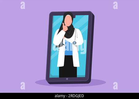 Disegno grafico piatto il medico donna araba esce dallo schermo dello smartphone mentre si fa un gesto pollice su. Consulto medico online. Guarigione digitale Foto Stock