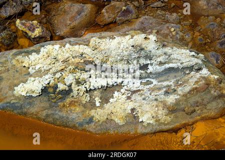 Acque acide di Rio Tinto dalle miniere di Riotinto. Queste acque tossiche contengono metalli pesanti e batteri estremofili (Acidithiobacillus ferroossidans e L Foto Stock