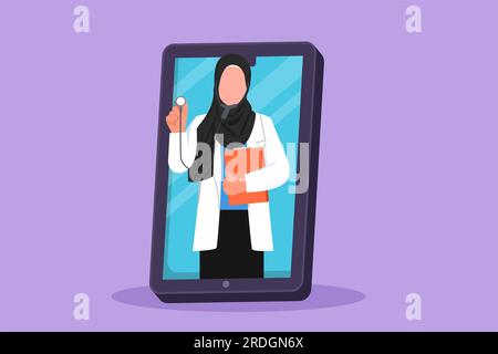 Disegno piatto personaggio medico donna araba esce dallo schermo dello smartphone con stetoscopio. Servizi di app medicali online. Console digitale per l'assistenza sanitaria Foto Stock