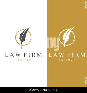 Logo piuma, logo penna piuma e logo piuma studio legale design vettoriale. Illustrazione Vettoriale
