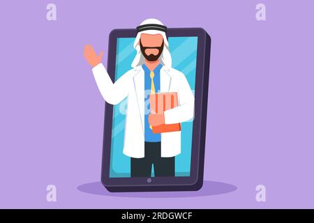 Disegno in stile piatto dei cartoni animati medico maschio arabo esce dallo schermo dello smartphone tenendo gli appunti. Servizi di app medicali online. consulenza sanitaria digitale Foto Stock