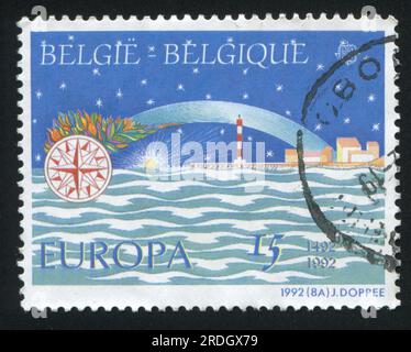 RUSSIA KALININGRAD, 19 OTTOBRE 2015: Timbro stampato dal Belgio, mostra la scoperta europea dell'America, circa 1992 Foto Stock