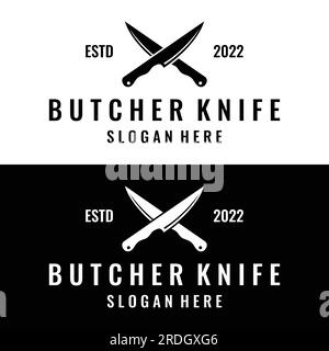 Modello con logo Chef, coltello da macelleria vintage. Logo per affari, distintivo, ristorante, macelleria, caffetteria, marchio e negozio di coltelli. Illustrazione Vettoriale